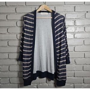AUM Apparel Knit Open Front Cardigan Blue Tan Stripe Size S/M